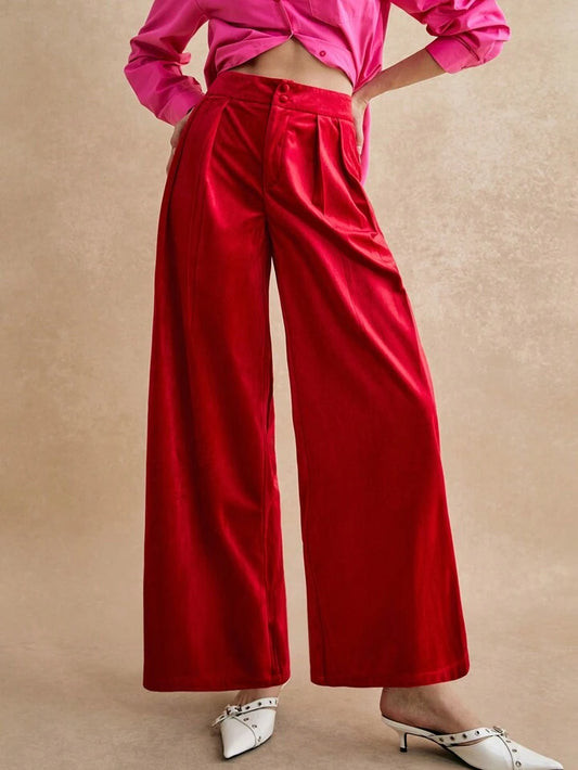 CM-BS143380 Women Elegant Seoul Style Waistband Double Button Velvet Pleated Trousers - Red