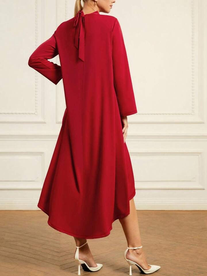 CM-DS107016 Women Elegant Seoul Style High Collar Long Sleeve Mid-Length Dress - Red