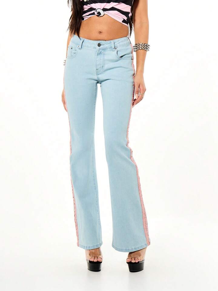 CM-BS578333 Women Casual Seoul Style Low Rise Side Stripe Detail Hook And Eye Closure Flare Leg Denim Jeans
