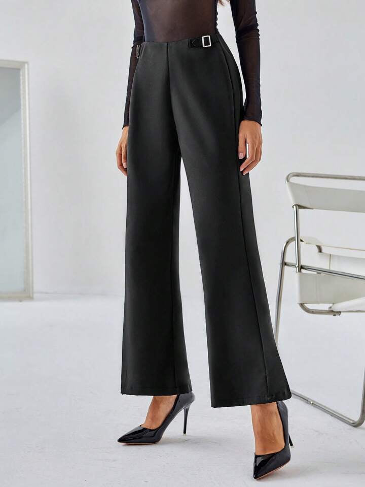 CM-BS551610 Women Elegant Seoul Style Solid Color Elastic Waist Slim Fit Flared Pants - Black