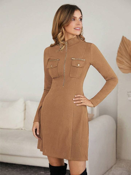 CM-DS579097 Women Elegant Seoul Style Stand Collar Zip Front Flap Pocket Dress - Camel