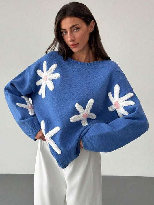 CM-CS548363 Women Casual Seoul Style 3D Floral Decoration Loose Fit Long Sleeve Sweater - Blue