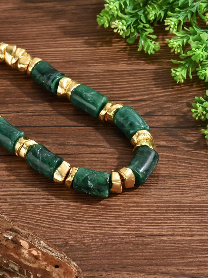 CM-AXS143919 Women Trendy Bohemian Style Jade Resin Bead Asymmetrical Golden Bead Necklace