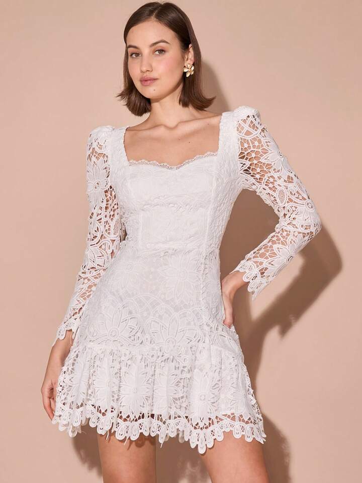 CM-DS242101 Women Elegant Seoul Style Sweetheart Neckline Long Sleeve Asymmetric Hem Lace Dress