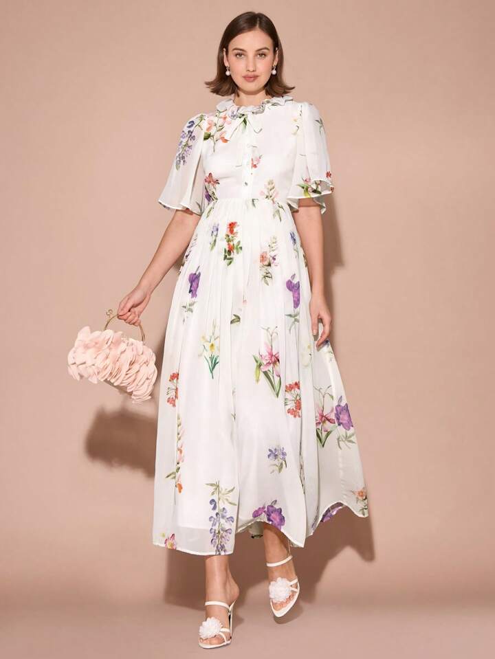 CM-DS117451 Women Elegant Seoul Style Round Neck Floral Pleated Hem Trumpet Short Sleeves Maxi Dress