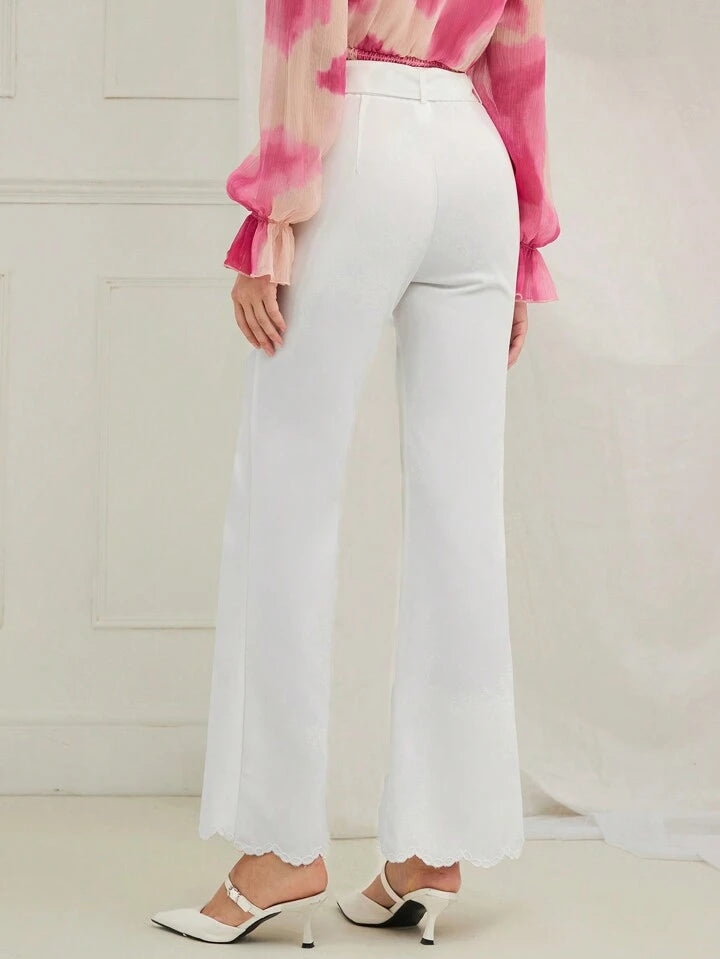 CM-BS067926 Women Casual Seoul Style Belt Loop Embroidery High Waist Flare Leg Pants - White
