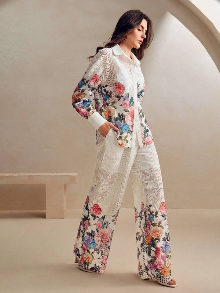 CM-SS045270 Women Elegant Seoul Style Multicolor Print Lace Long Sleeve Shirt With Wide Leg Pants - Set