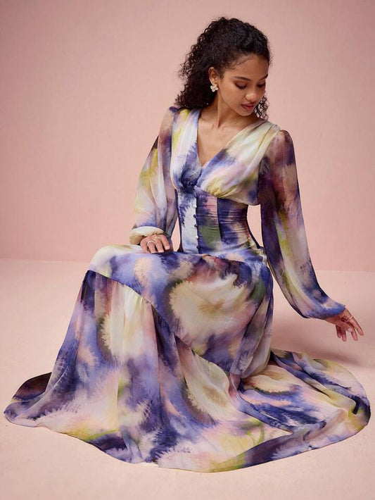 CM-DS748264 Women Elegant Seoul Style V-Neck Lantern Sleeve Dye Print A-Line Maxi Dress