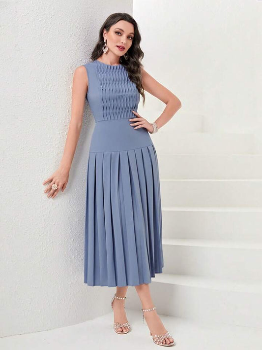 CM-DS777891 Women Elegant Seoul Style Sleeveless Solid Pleated Hem Dress - Dusty Blue