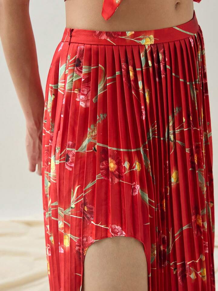 CM-BS594663 Women Trendy Bohemian Style Floral Allover Print High Slit Pleated Skirt