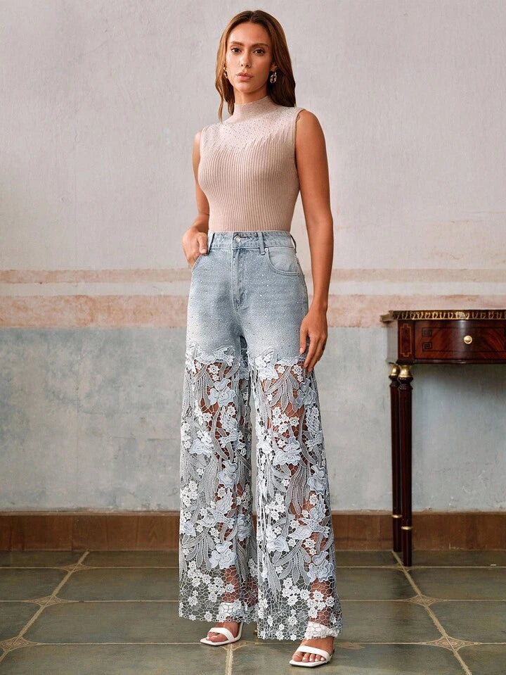 CM-BS170119 Women Elegant Seoul Style Mid Waist Lace Rhinestone Straight Leg Pants - Blue
