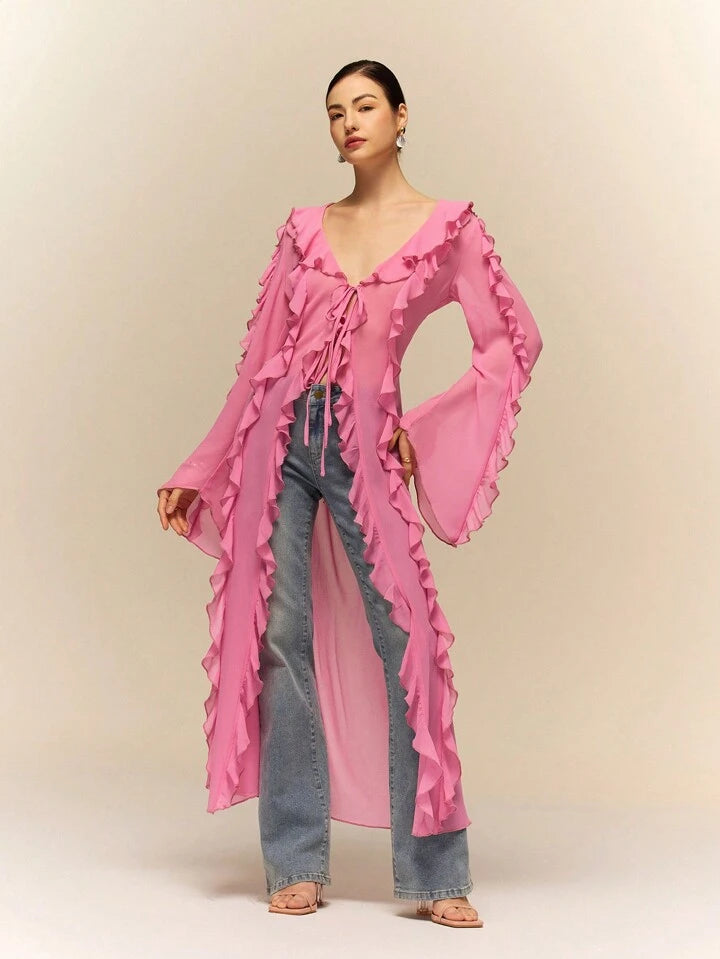 CM-TS168445 Women Casual Seoul Style Ruffle Tie Neck Extra Long Sleeve Sheer Long Shirt - Pink