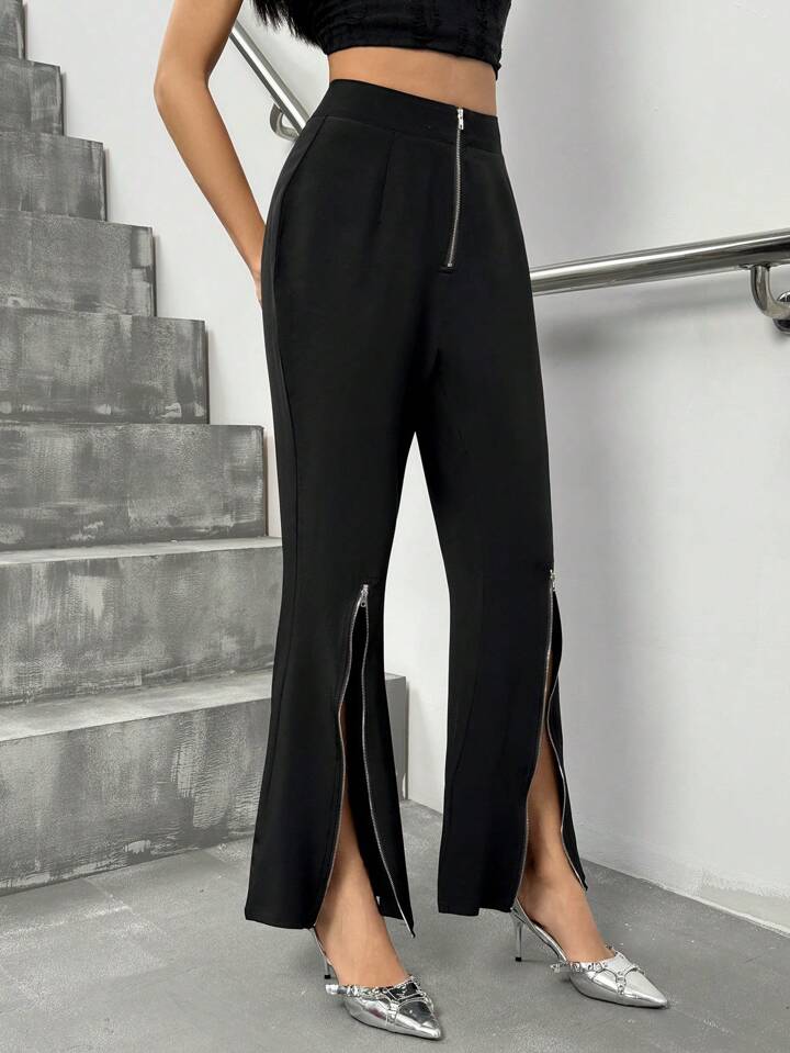 CM-BS513361 Women Elegant Seoul Style Zipper Waist Fitted Flared Hem Slit Pants - Black