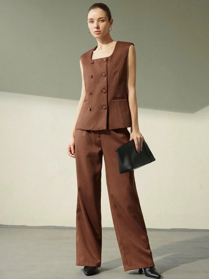 CM-SS840745 Women Elegant Seoul Style Square Neck Sleeveless Double-Breasted Pocket Decor Button Vest With Pants - Set
