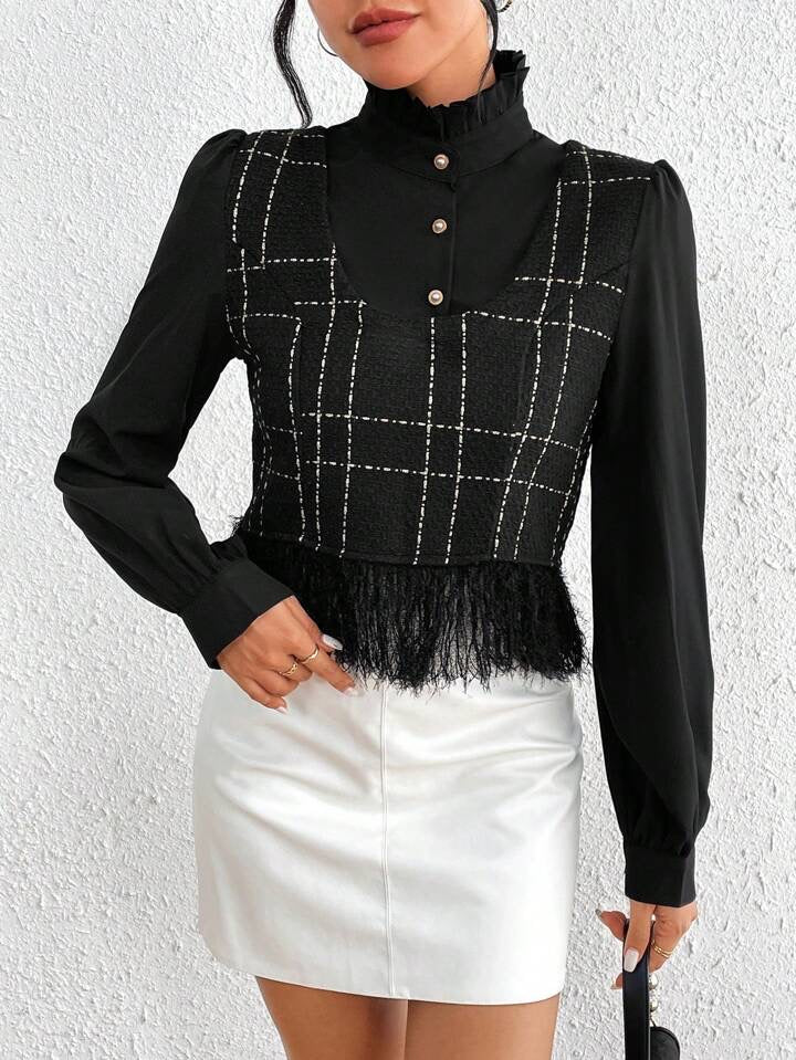 CM-TS967572 Women Elegant Seoul Style Plaid Pattern Fringe Hem Button 2 In 1 Blouse - Black