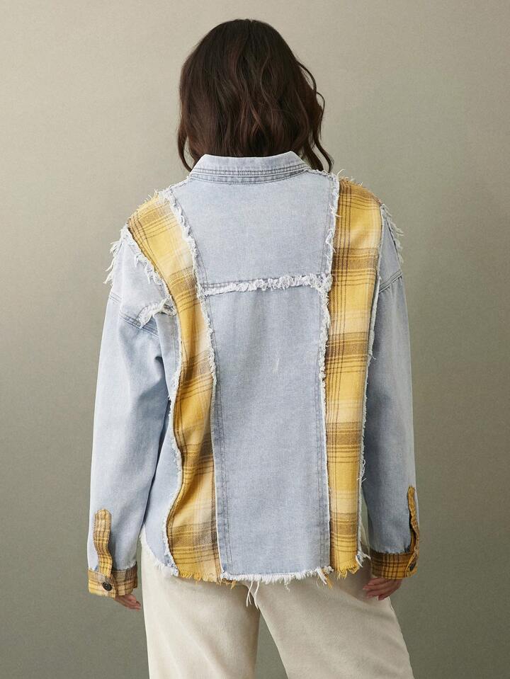 CM-CS424224 Women Casual Seoul Style Light Wash Collar Neckline Long Sleeve Colorblock Patchwork Denim Jacket