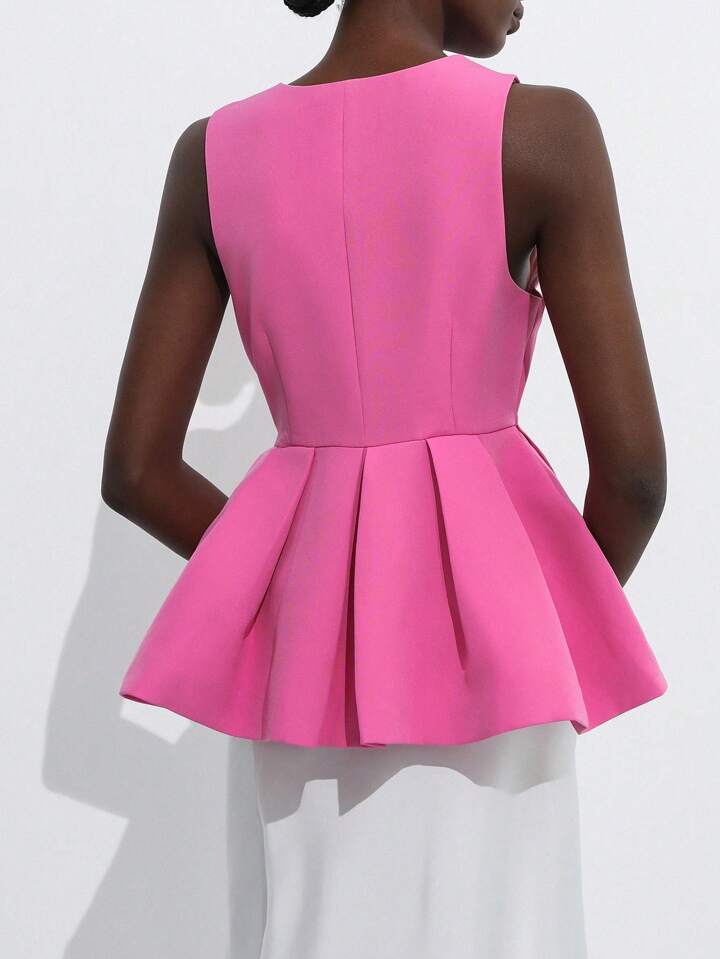 CM-TS254932 Women Elegant Seoul Style Deep V-NeckSleeveless Ruffle Hem Design Blouse - Hot Pink