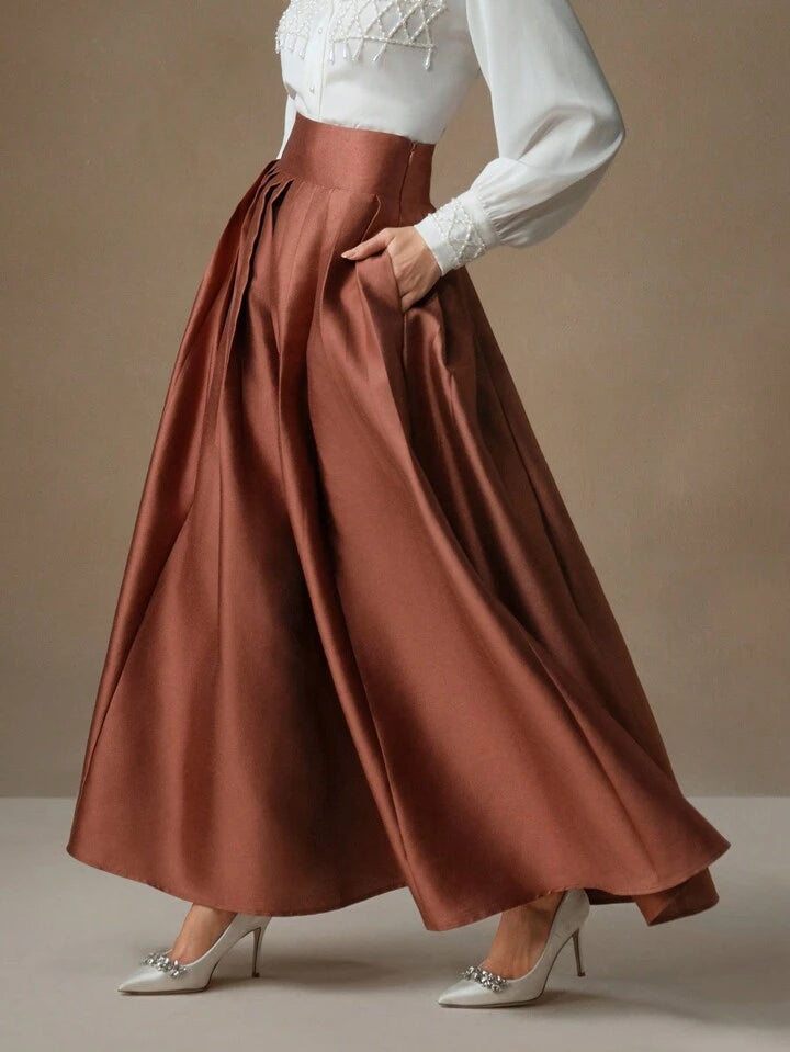 CM-BS672212 Women Elegant Seoul Style High Waisted Puff Pleated Long Skirt - Rust Brown
