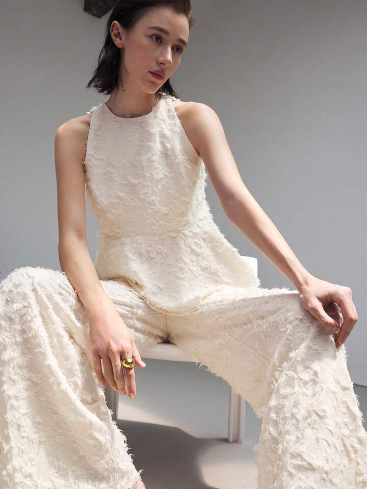 CM-SS081171 Women Elegant Seoul Style Texture Round Neck Sleeveless Top With Wide Leg Pants - Set