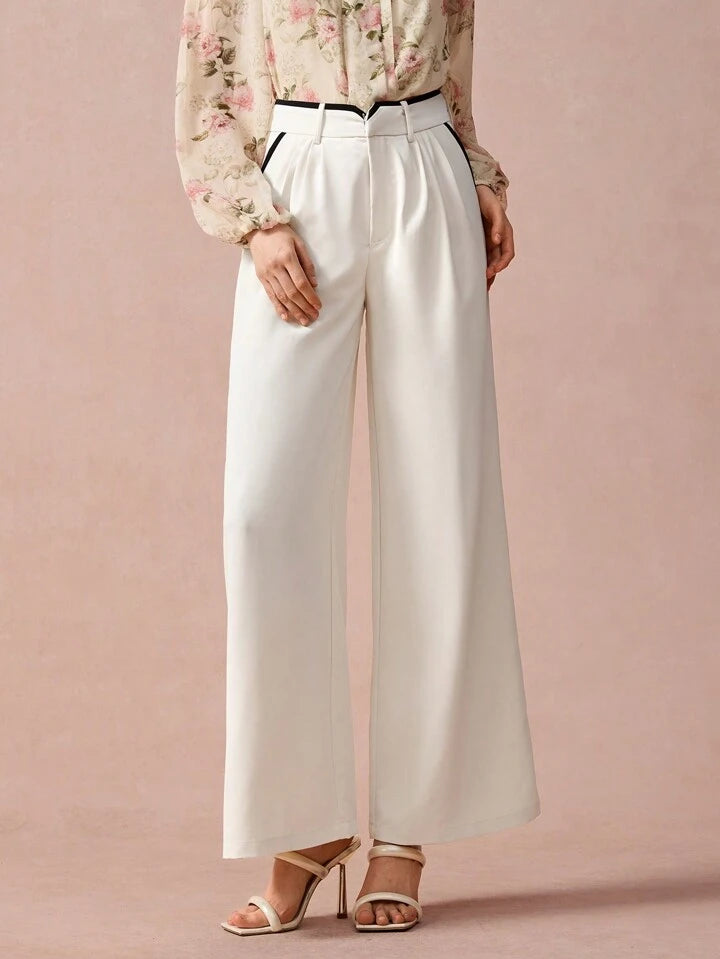 CM-BS976726 Women Casual Seoul Style Contrast Trim Slant Pocket Wide Leg Pants - Apricot