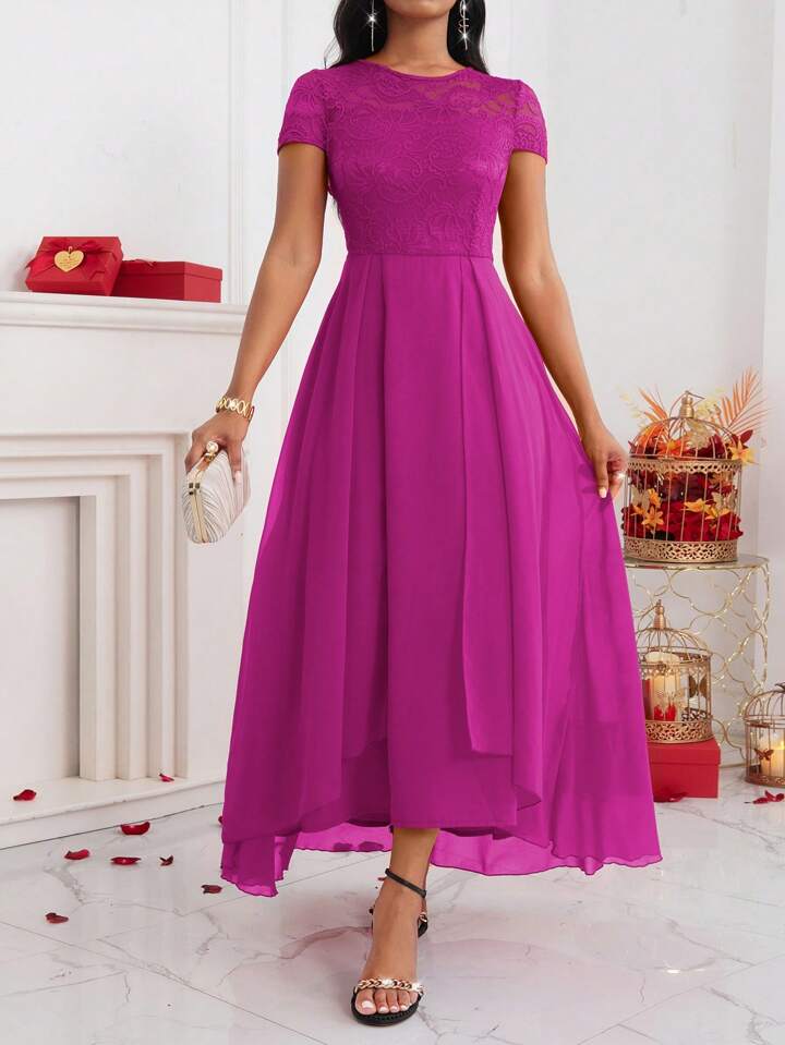 CM-DS667745 Women Elegant Seoul Style Lace Round Neck Cap Sleeve A-Line Long Dress - Hot Pink