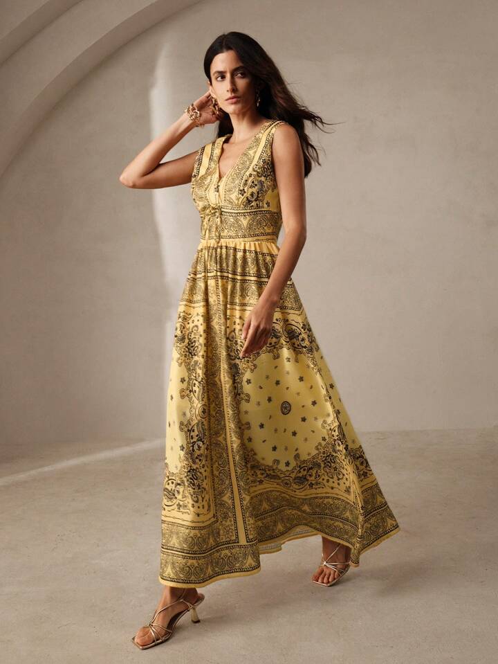 CM-DS360760 Women Trendy Bohemian Style Paisley Print Sleeveless Deep V-Neck Cinched Waist Maxi Dress