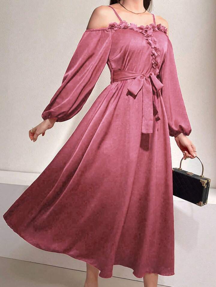 CM-DS948731 Women Casual Seoul Style Off-Shoulder Long Sleeve A-Line Dress With Belt - Pink