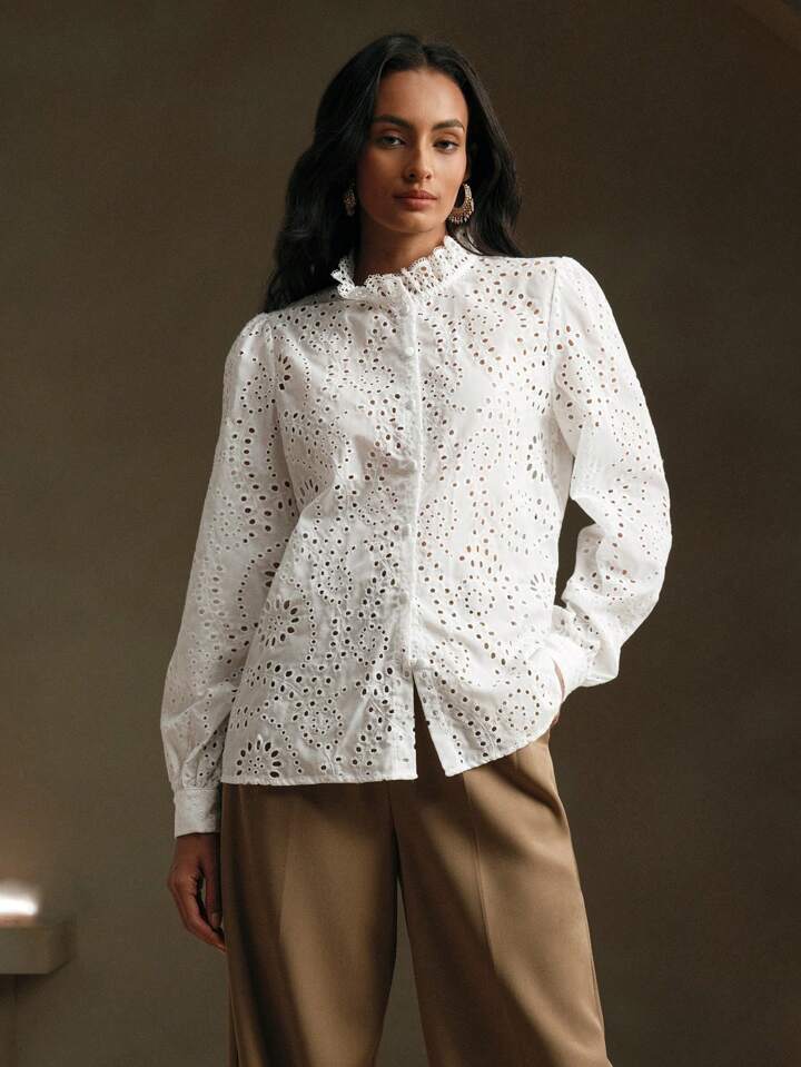 CM-TS725422 Women Trendy Bohemian Style Lace Hollow Stand Collar Lantern Sleeve Blouse - White