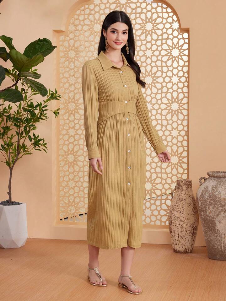 CM-DS174744 Women Elegant Seoul Style Shirt Collar Front Button Up Pleated Dress - Khaki