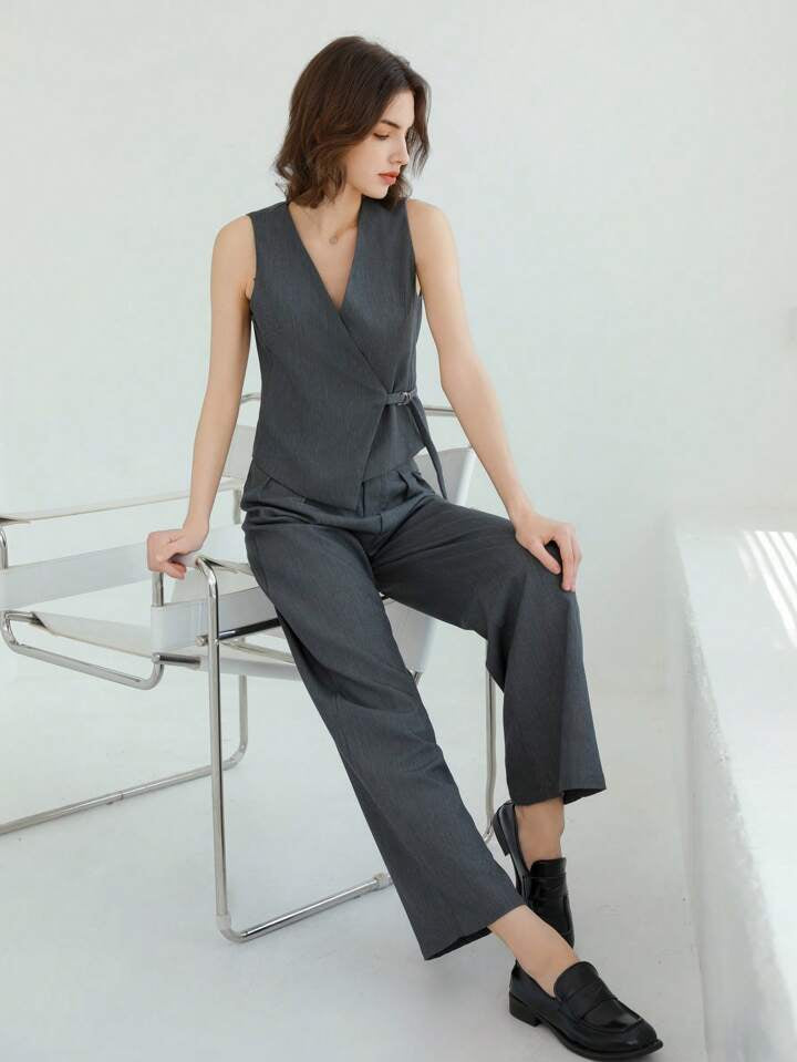 CM-SS221120 Women Elegant Seoul Style Sleeveless Vest With Pleated Straight-Leg Pants Suit - Gray