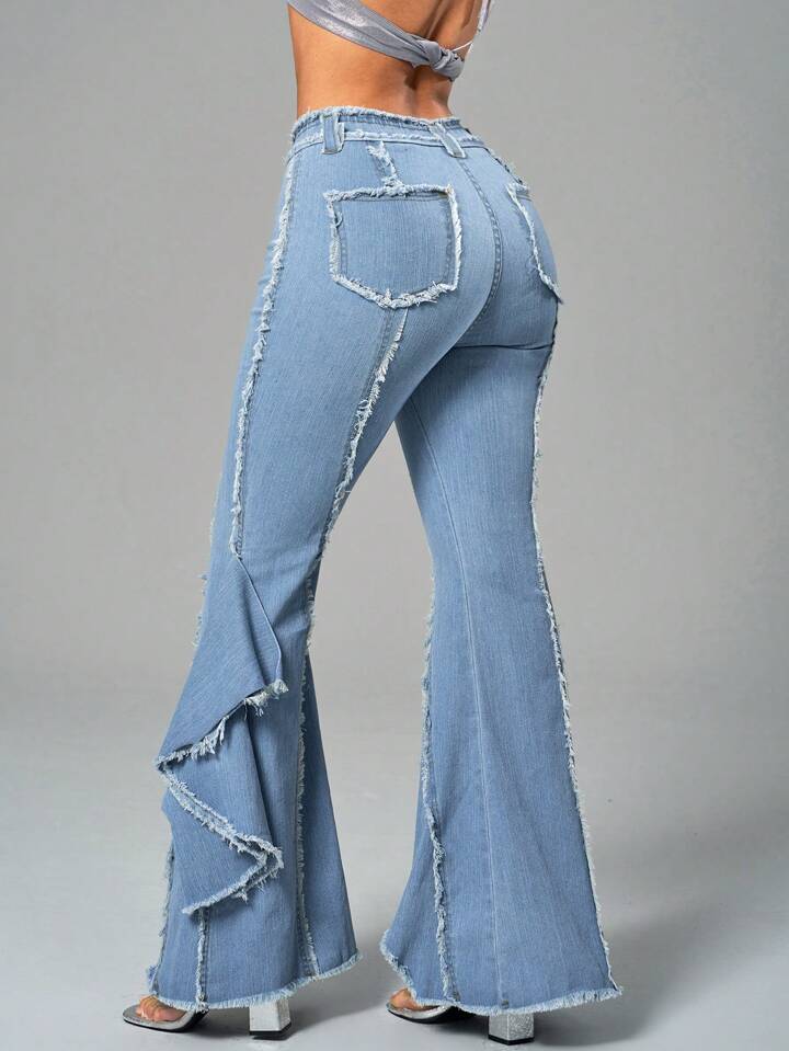 CM-BS291409 Women Casual Seoul Style Light Wash Raw Edge High-Waist Flared Denim Jeans