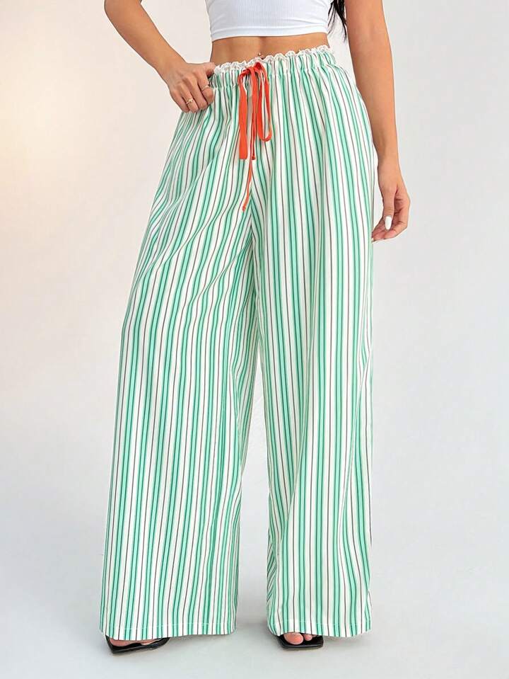 CM-BS773467 Women Casual Seoul Style Striped Mid-Rise Loose Wide-Leg Trousers - Green