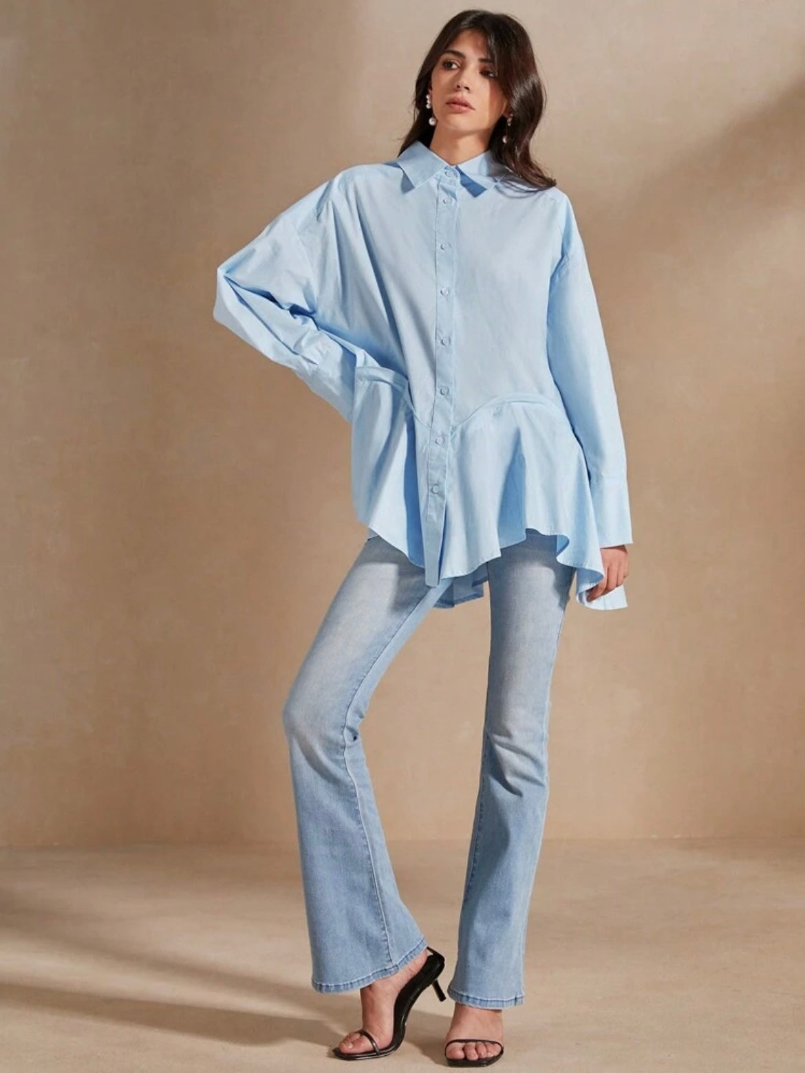 CM-TS493804 Women Casual Seoul Style Solid Color Asymmetrical Hemline Long Sleeve Shirt - Blue