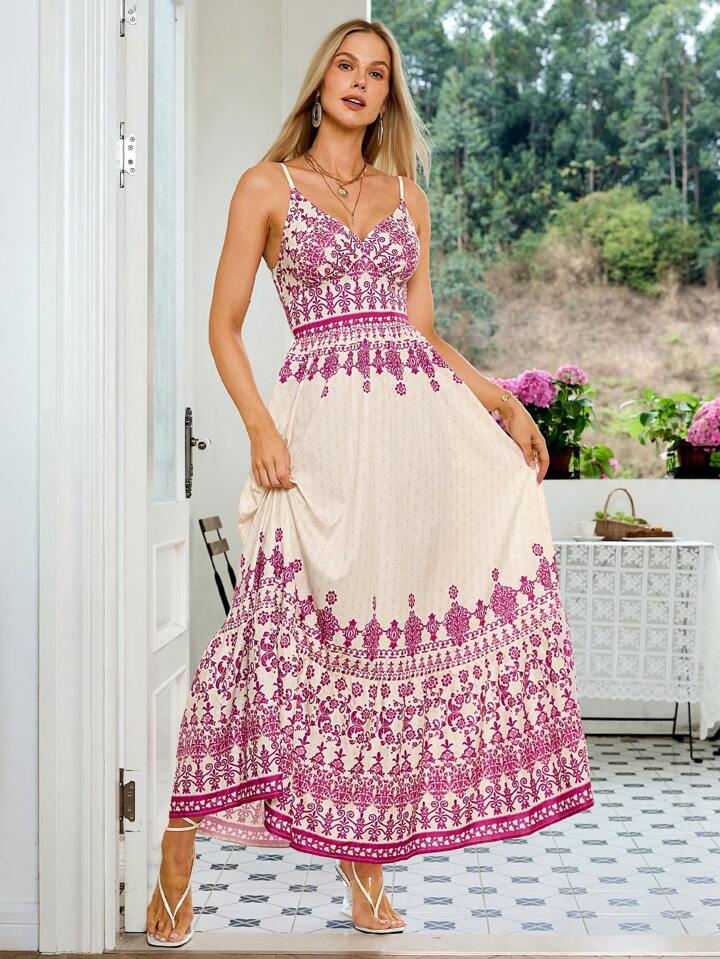 CM-DS578444 Women Casual Seoul Style Floral Printed Spaghetti Strap Dress - Hot Pink