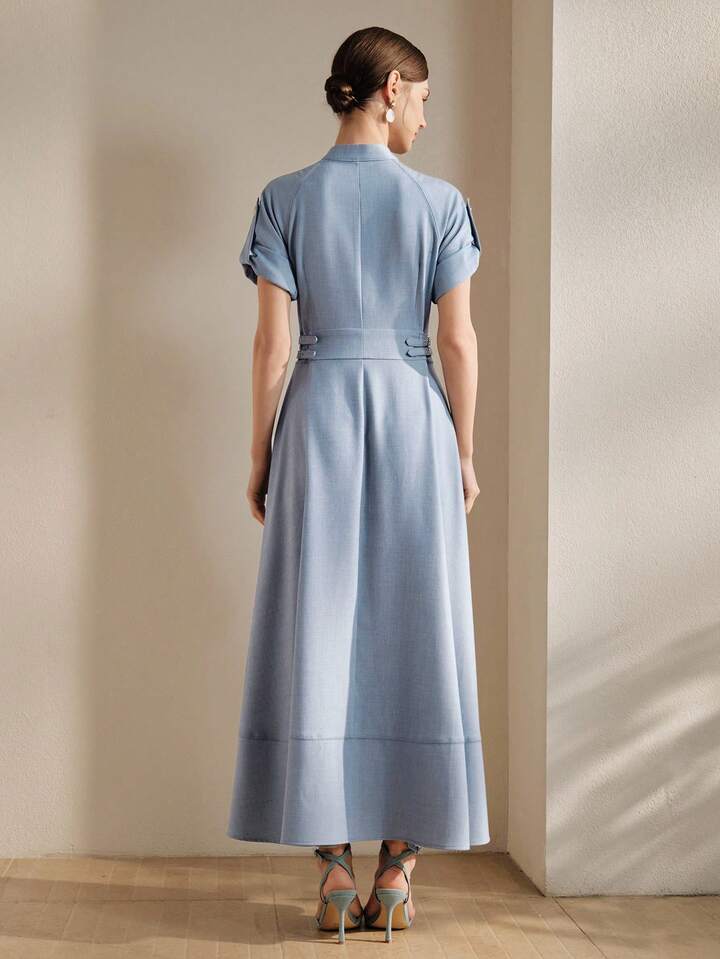 CM-DS020205 Women Elegant Seoul Style Collar Raglan Short Sleeve Waist Gathered Flared Denim Effect Dress - Blue