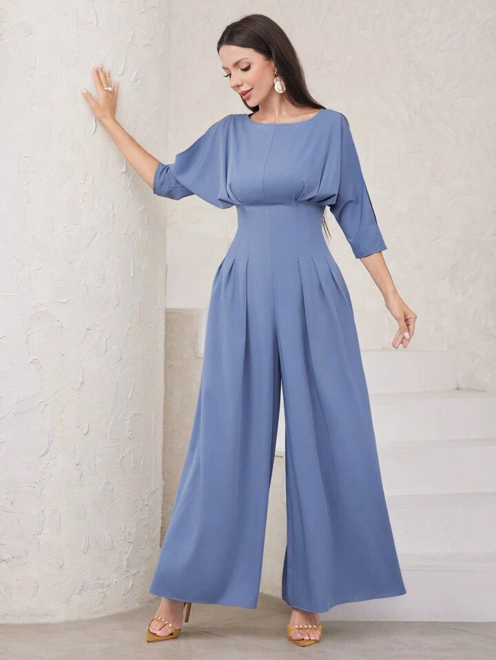 CM-JS521777 Women Elegant Seoul Style Hollow Out Sleeve Pleated Jumpsuit - Blue