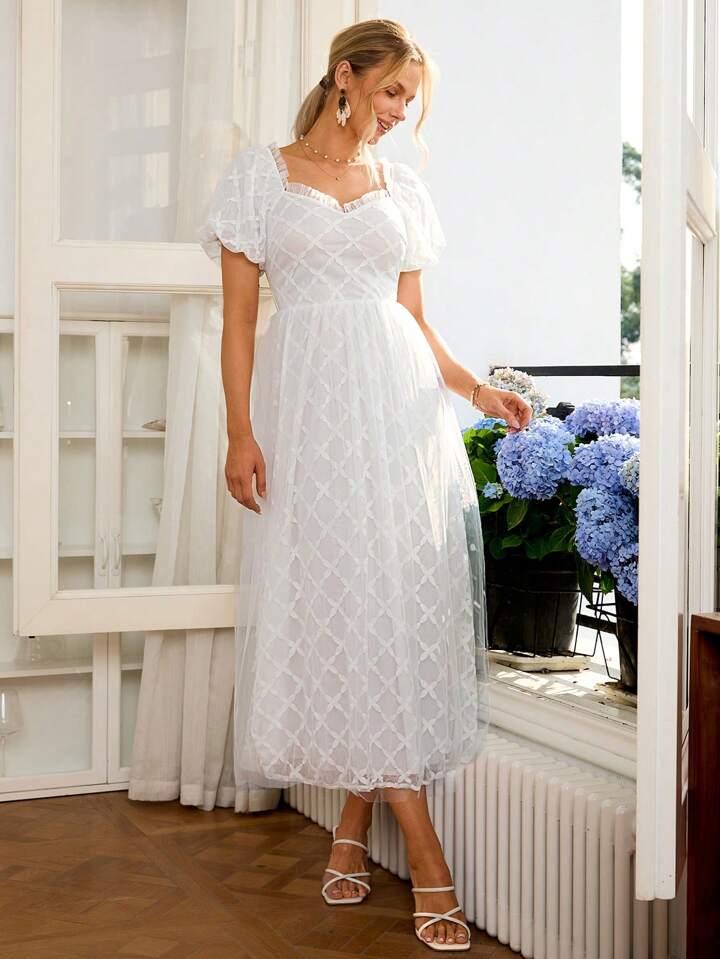 CM-DS057651 Women Elegant Seoul Style Sweetheart Neckline Puff Sleeve Mesh Tulle Dress - White