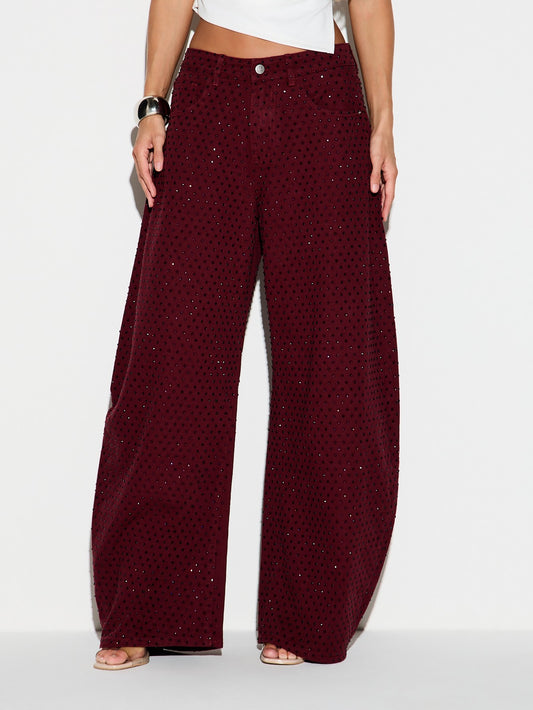 CM-BS342814 Women Elegant Seoul Style Low Waist Allover Rhinestone Polka Dot Embellishment Wide Leg Denim Pants - Burgundy