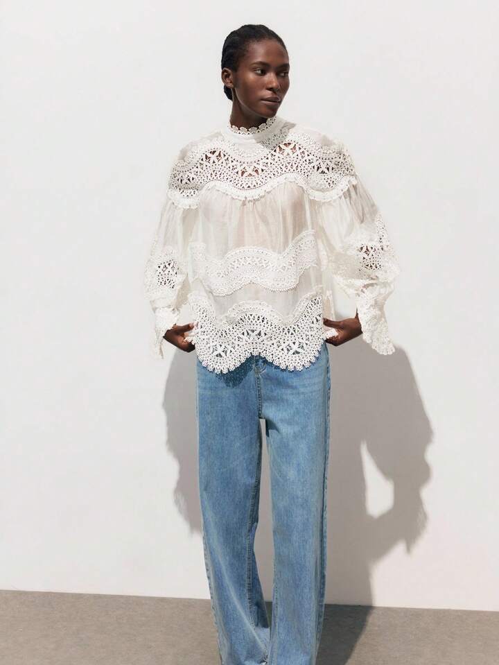 CM-TS762455 Women Trendy Bohemian Style Solid Color Stand Collar Flare Sleeve Lace Patchwork Blouse Top - White