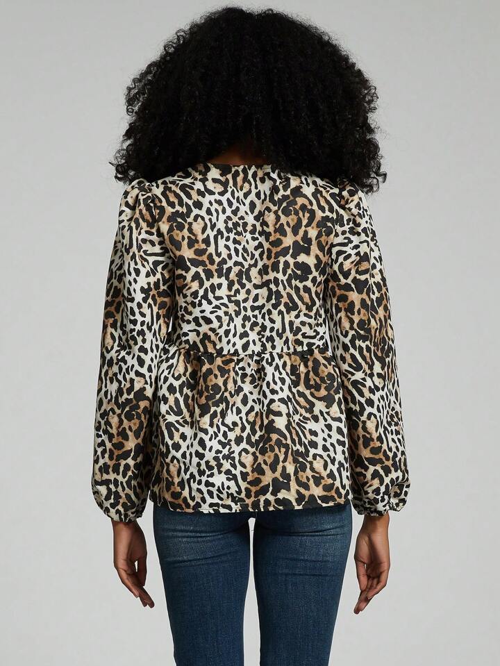 CM-TS023449 Women Casual Seoul Style Print Ruffle Hem Tie Long Sleeve Shirt