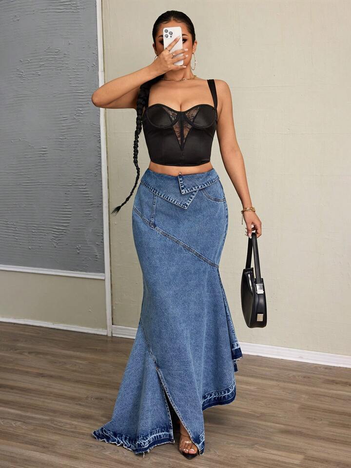 CM-BS787000 Women Casual Seoul Style Asymmetric Hem Folding Waist Denim Skirt - Blue