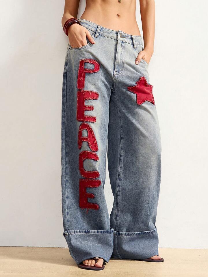 CM-BS472211 Women Casual Seoul Style Medium Wash Color-Blocked Embroidered Loose Fit Denim Jeans