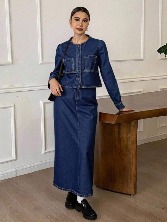 CM-SS141118 Women Casual Seoul Style Medium Wash Puff Sleeve Long Sleeve Denim Jacket With Maxi Skirt - Set