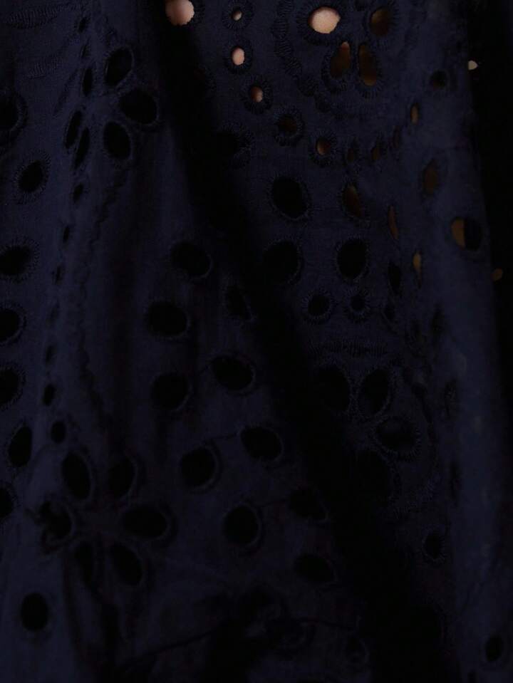 CM-TS724164 Women Trendy Bohemian Style Embroidered Hollow-Out Pleated Front Long Sleeve Blouse - Navy Blue