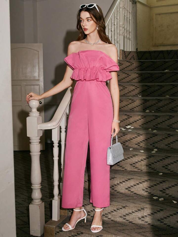 CM-JS829863 Women Elegant Seoul Style Ruffled Strapless High Waist Jumpsuit - Pink