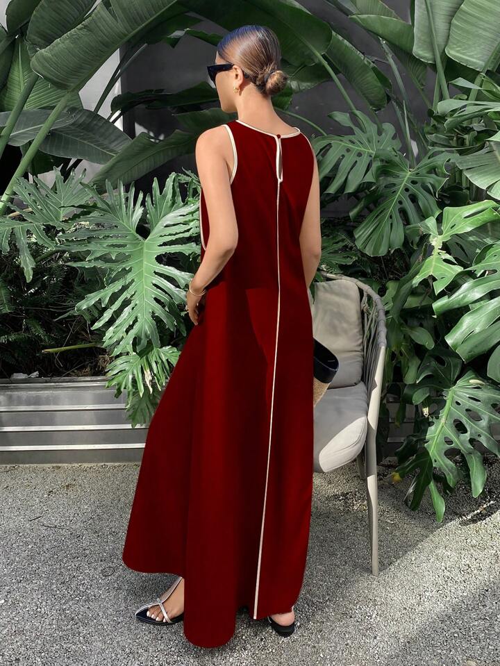 CM-DS320827 Women Casual Seoul Style Color-Conflicting Panels Sleeveless Loose Long Dress - Burgundy