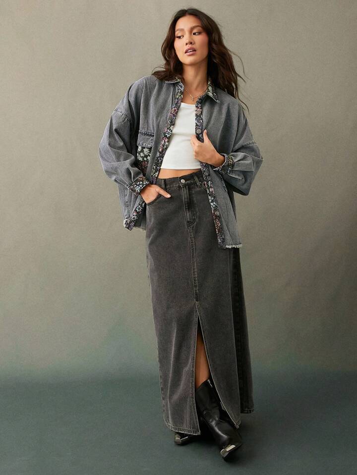 CM-CS041445 Women Casual Seoul Style 3/4 Sleeve Contrast Vintage Floral Tapestry Denim Jacket - Dark Gray