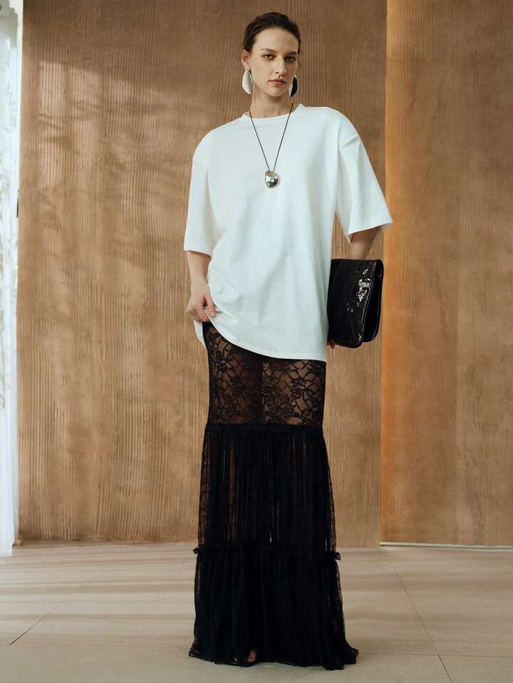 CM-BS365072 Women Elegant Seoul Style Chiffon Lace Hollow Out Lace Patchwork Ruffled Trim Long Skirt - Black