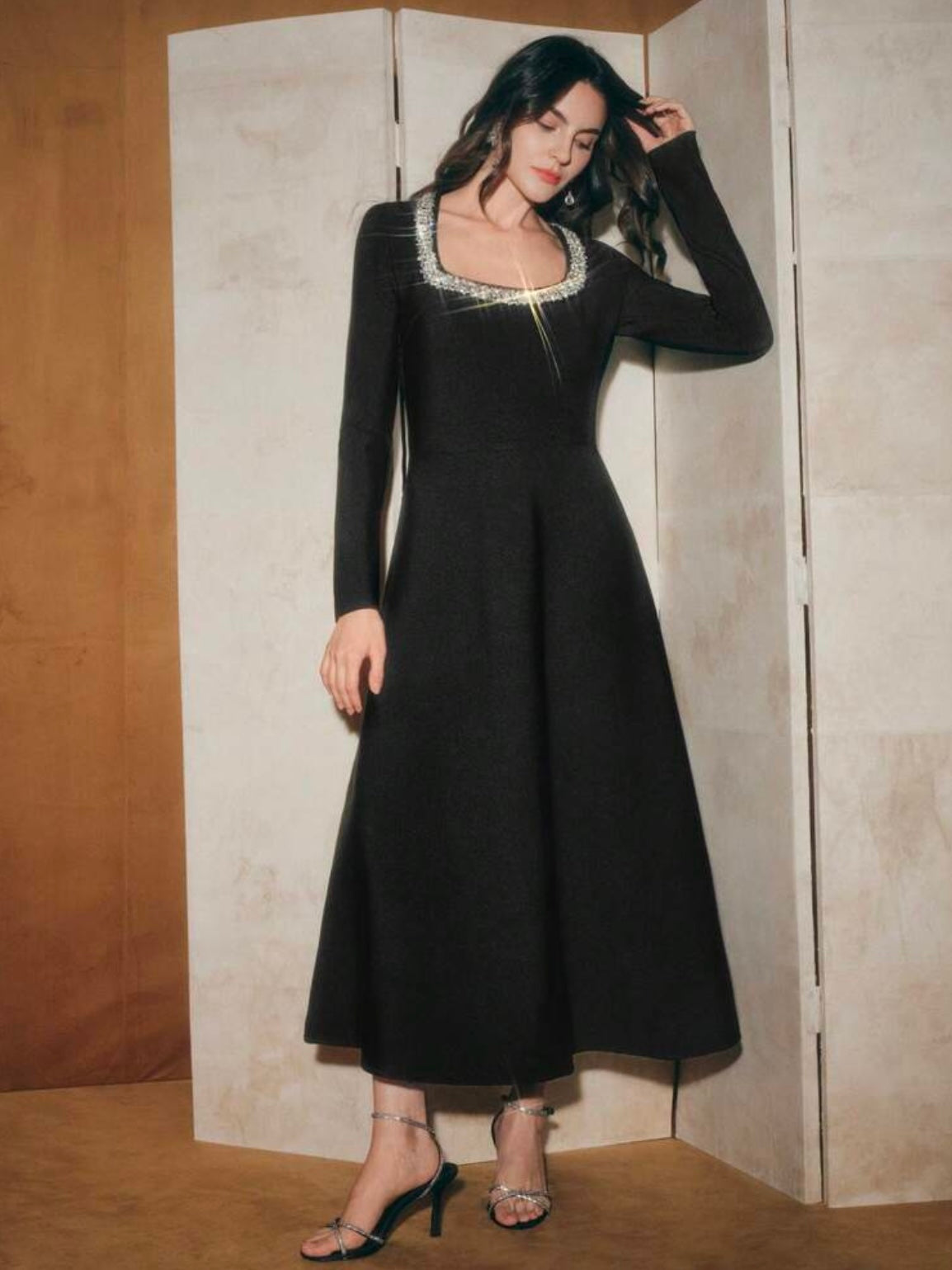 CM-DS016057 Women Elegant Seoul Style Square Neck Long Sleeve Rhinestone Bandage Ribbed A-Line Dress - Black