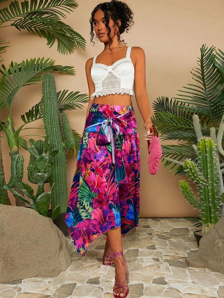 CM-BS600198 Women Trendy Bohemian Style Plant And Floral Print Front Tie Skirt